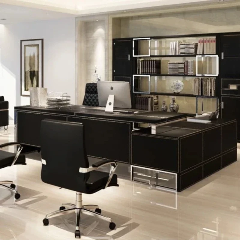 

Black Unusual Office Desk Minimalist Design Secretary Conference Computer Desk with Bookshelf Stand Up Desk Portable