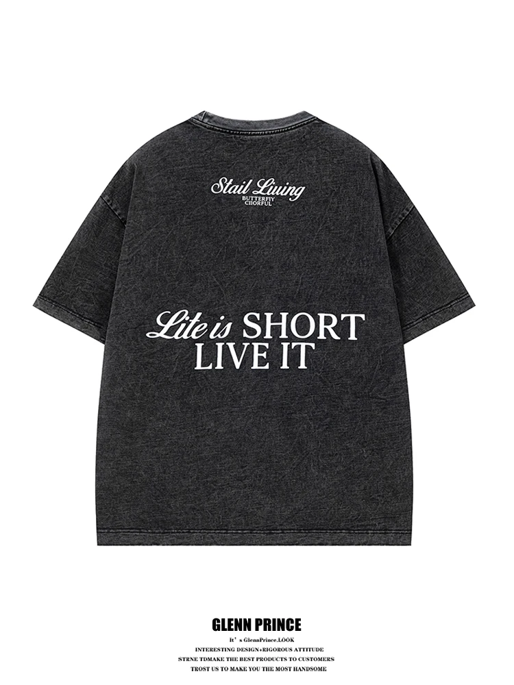 

Washed Cotton T-Shirt Unisex Loose Fit Short Sleeve Letter Print Vintage American Style Breathable Casual Summer Top