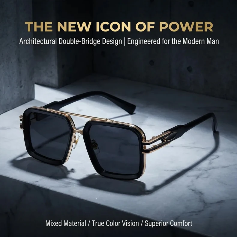 Übergroße Steampunk Quadratische Sonnenbrille für Herren, Luxusmarke 2026, Vintage Outdoor-Fahrsonnenbrille, Trendige Doppelbrücken-Sonnenbrille – Detail 1