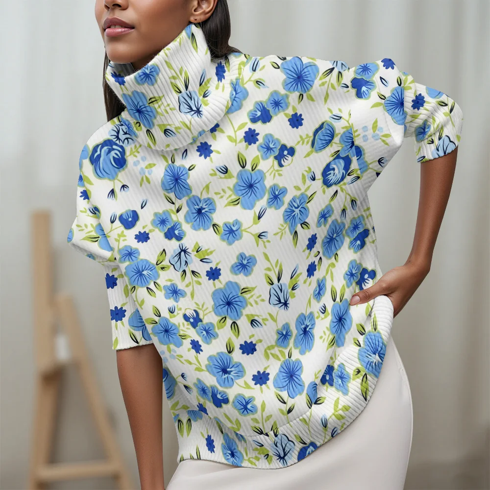 

2025 New Women's Turtleneck sweater Solid color Long-sleeved sweater Tropical floral patterns casual women's sweater