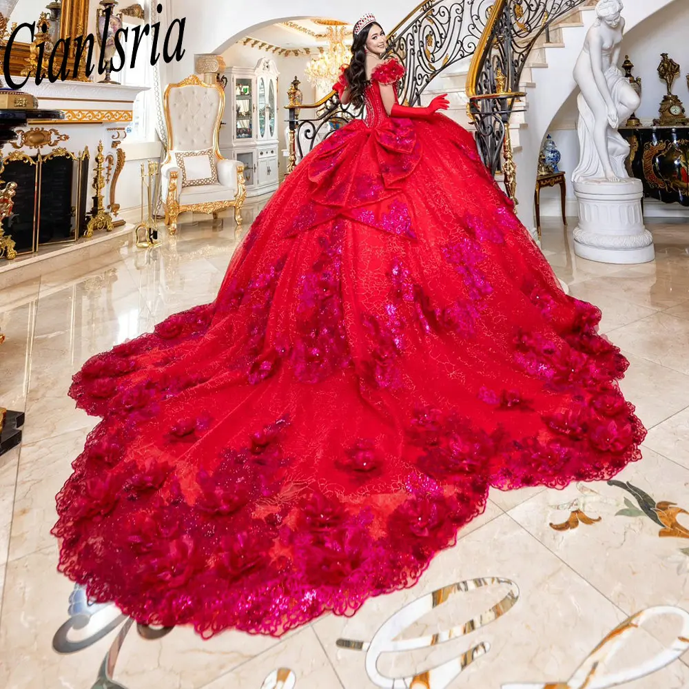 

Розовое бальное платье с открытыми плечами и бантом, платья Quinceanera, расшитые блестками и аппликациями, кружевной корсет, Vestidos De XV Anos