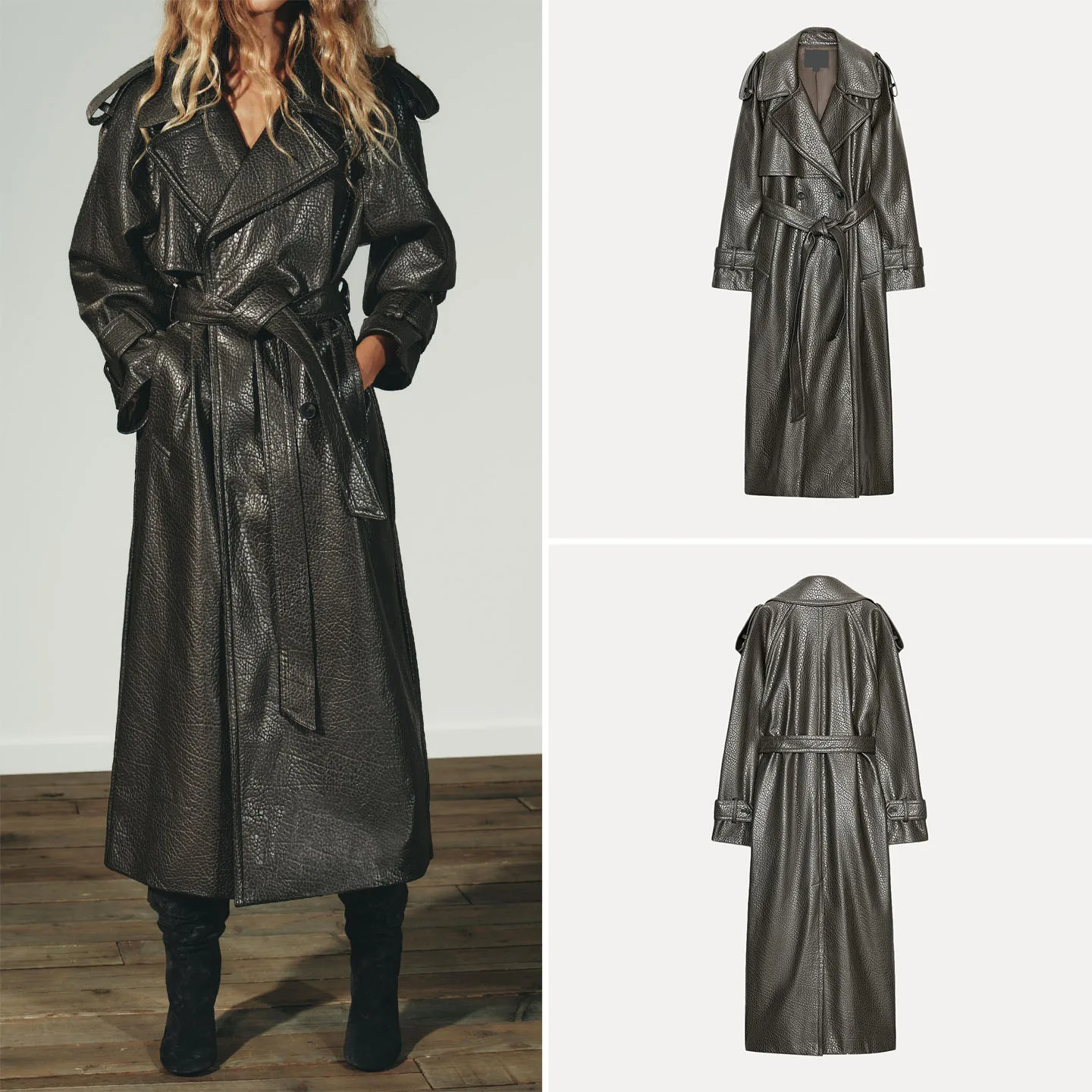 

Z 2025 г., новая женская модная повседневная ветровка с эффектом кожи, персонализированное двубортное пальто прямого кроя, длинное свек