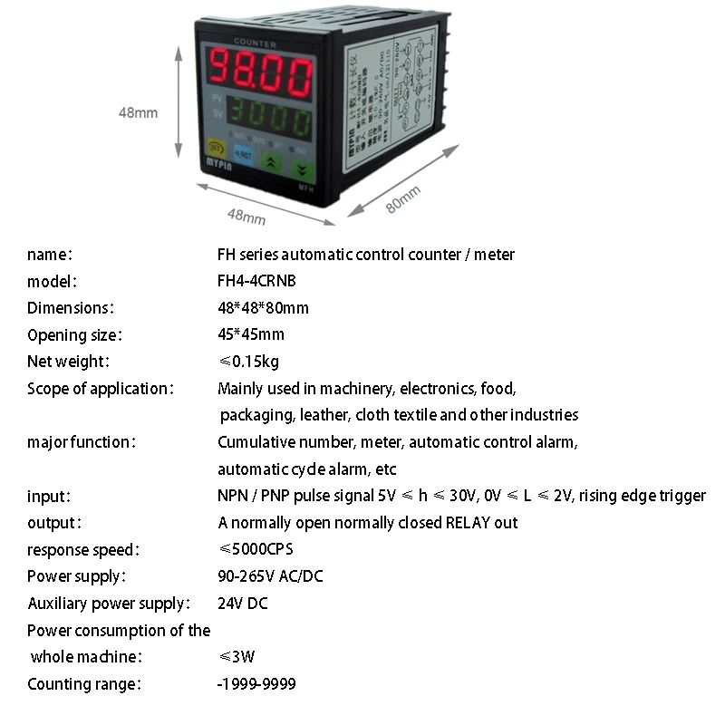 MYPIN 4 Digital Counter Length Counter Length Meter Multi-Functional Intelligent 90-260V AC/DC Preset Relay Output