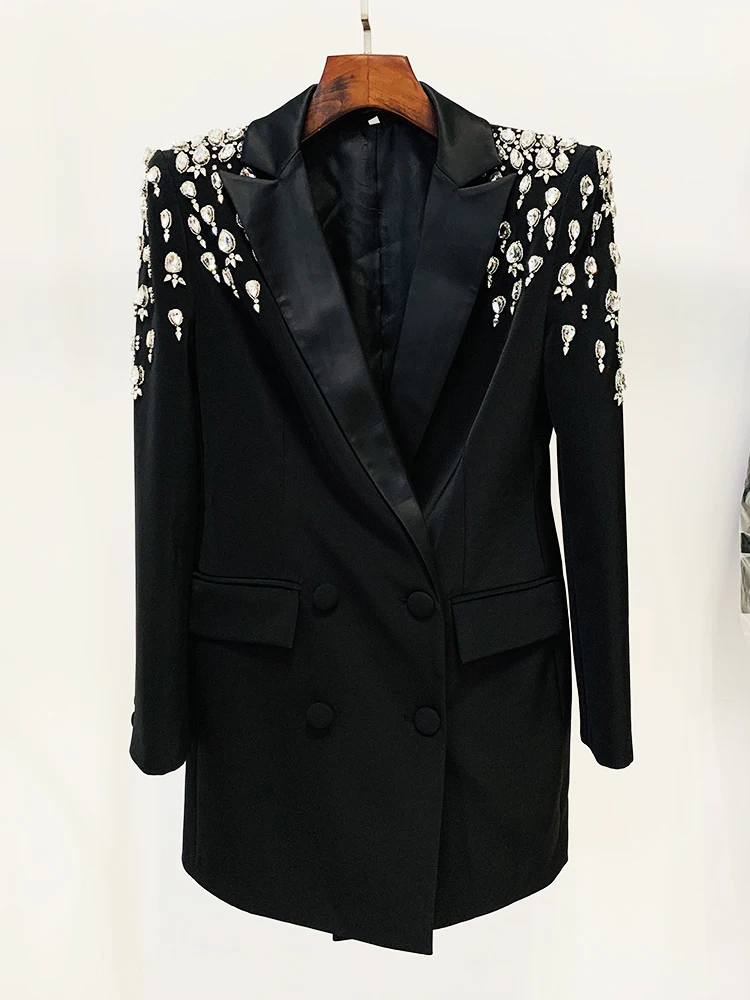 HIGH STREET Newest 2024 Designer Jacket Women\'s Double Breasted Rhinestone Diamonds Beaded Long Blazer Dress