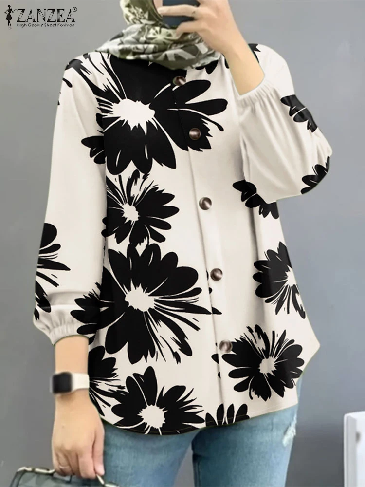 ZANZEA Vrouwen Bloemen Gedrukt Blouses Casual Button Up O Hals Islamitische Hijab Tuniek Tops Lange Mouw Moslim Mode Vakantie Shirts