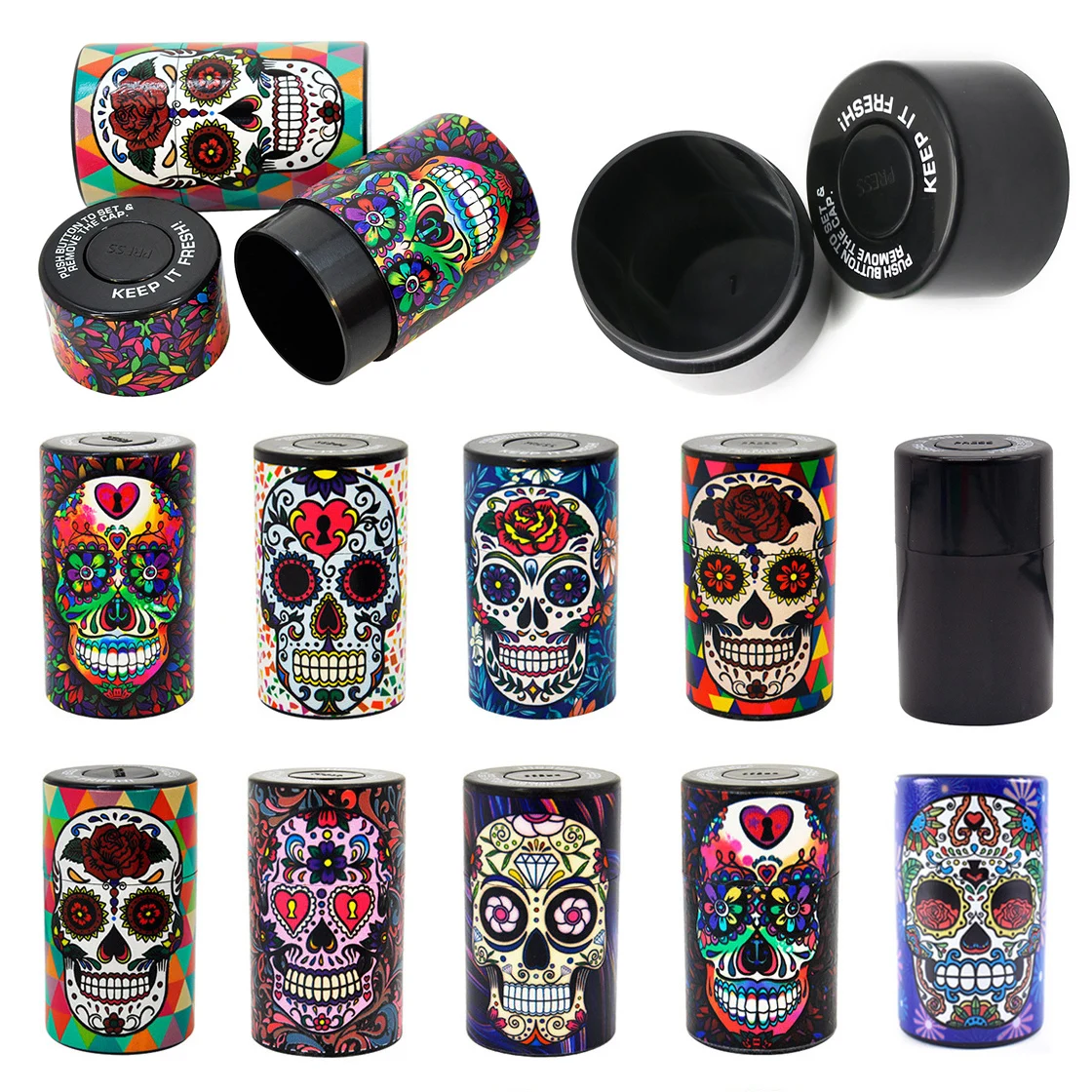 Plastic Air Tight Can Stash Vacuum Sealed Spice Tobacco Jar Skull Smell Proof Herbs Dry GoodsMulti-use Vacuum Containe