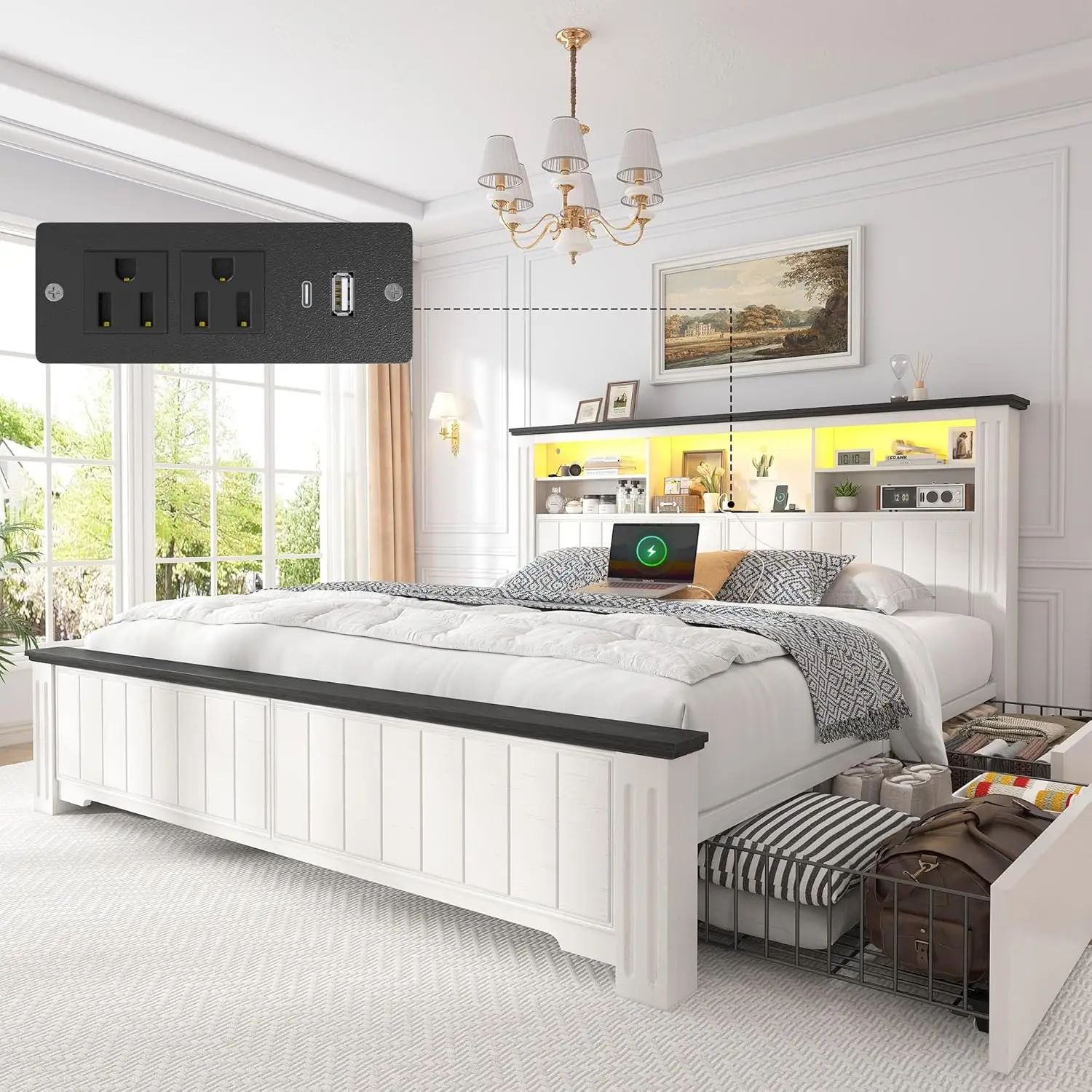 Queen Bed Frame with 4 Storage Drawers LED Queen Bed Frame with Headboard Bed Frame Queen Size Built in Charging Station,White