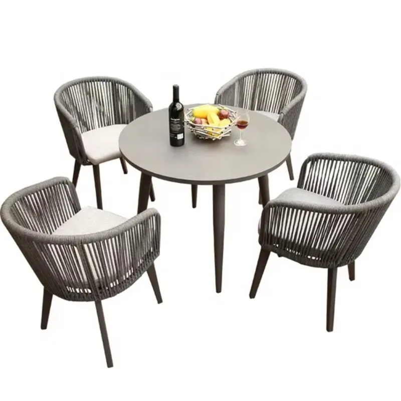 Grey Patio Cafe 5 Piece Dining Set Furniture 0utdoor Garden Restaurant Cafe Rope Aluminum Round Table and 4 Chairs for Outside