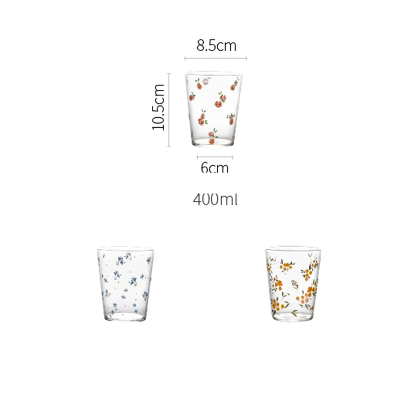 400Ml Floral Prints Glass Cup Heat-Resistant Coffee Yogurt Cup Teenage Simply Milk Breakfast Cup Green Leaf Print Cup