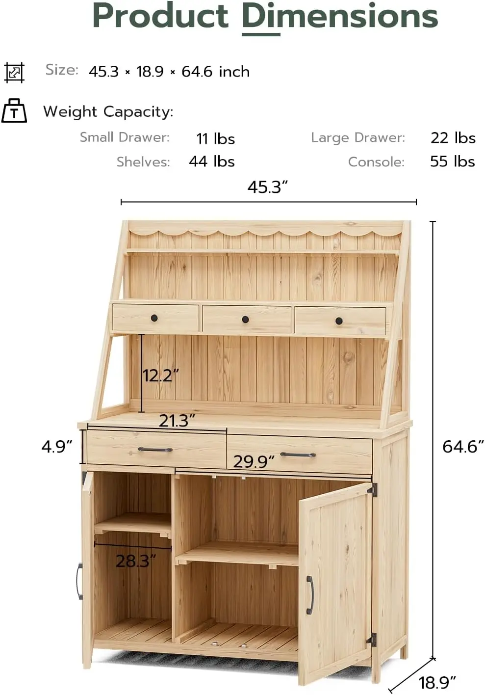 65” Potting Bench Table for Outside, Garden Table for Outdoors with Storage Cabinet, Shelves, Drawers, Work Bench for Planting,