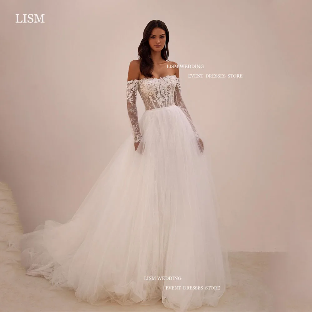 LISM 2024 New Exquisite Full Lace A Line Wedding Dress Off The Shoulder Long Sleeves Floor Length bridal Gowns Vestido de noiva