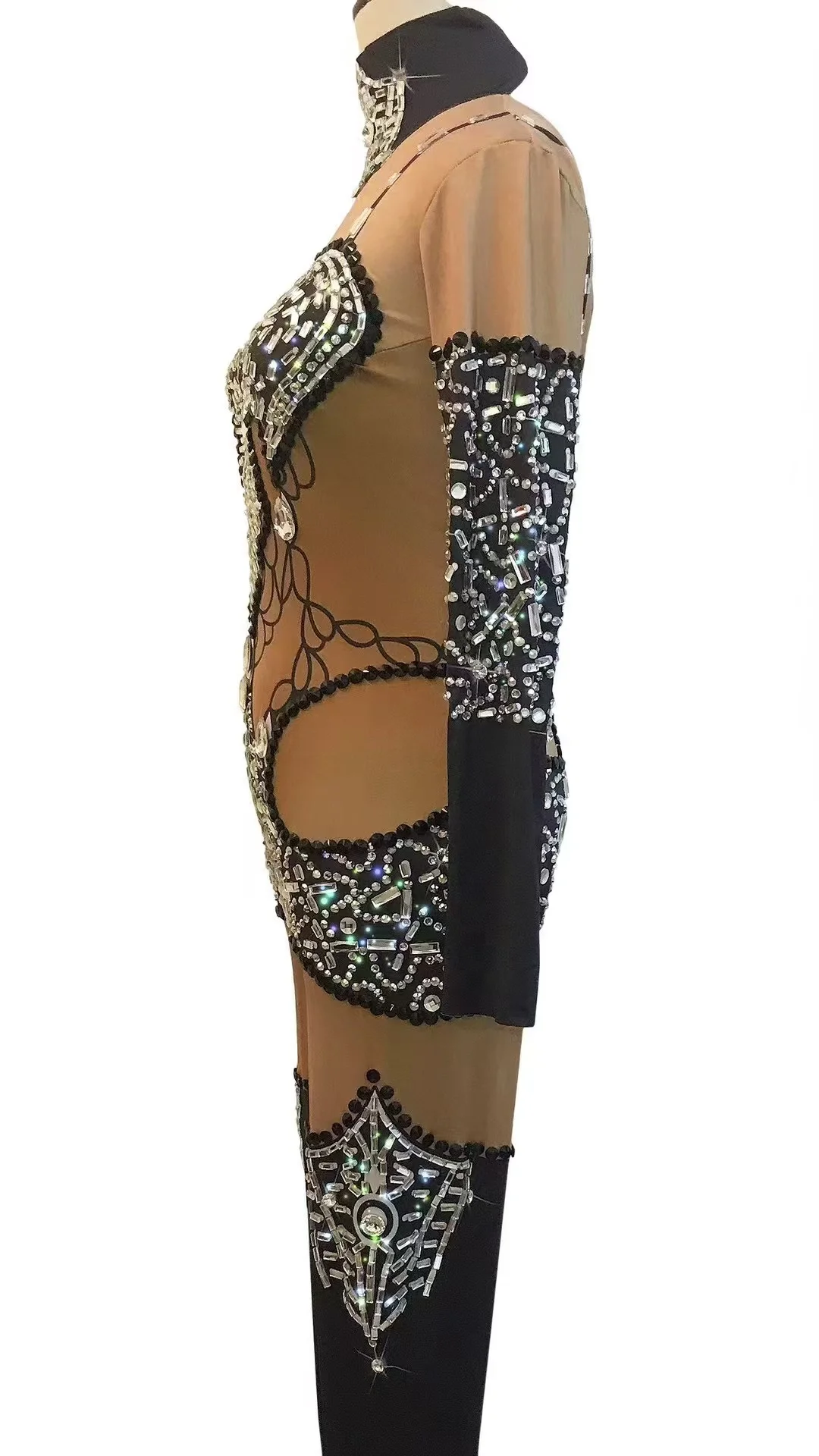 أسود الملاك كامل الماس كاذبة يتعرض MeatPalace ملابس منقوشة بكم طويل شرابة ارتداءها أنثى ملهى ليلي أداء زي A850