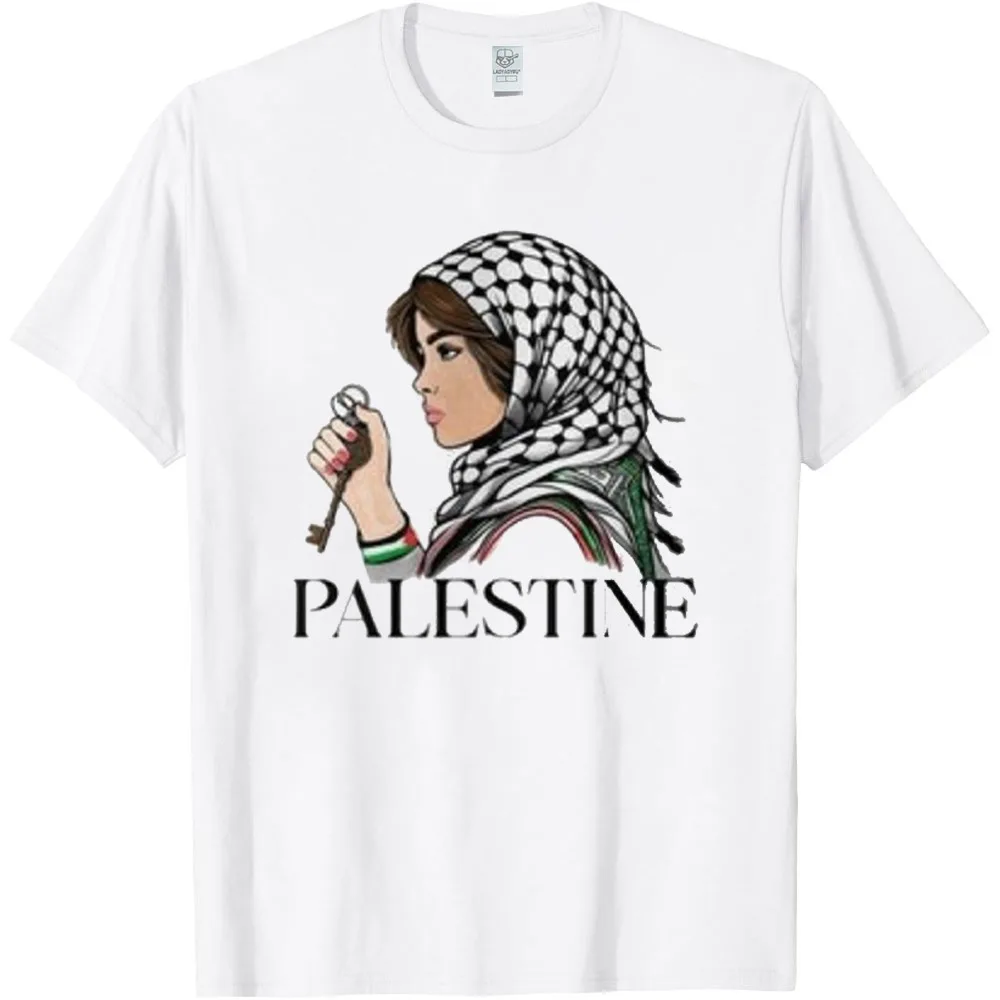 A Palestinian Girl with Keffiyeh in Head and Palestinian Key in Hand Printed T-shirt Tops Palestine T-shirt Street Fashion Tops