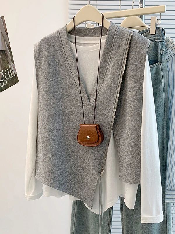 

Осень-зима, свободная повседневная универсальная футболка с жилетом, комплект нестандартного дизайна, классика, никогда не с сле, премиум-чувствительность, против старения