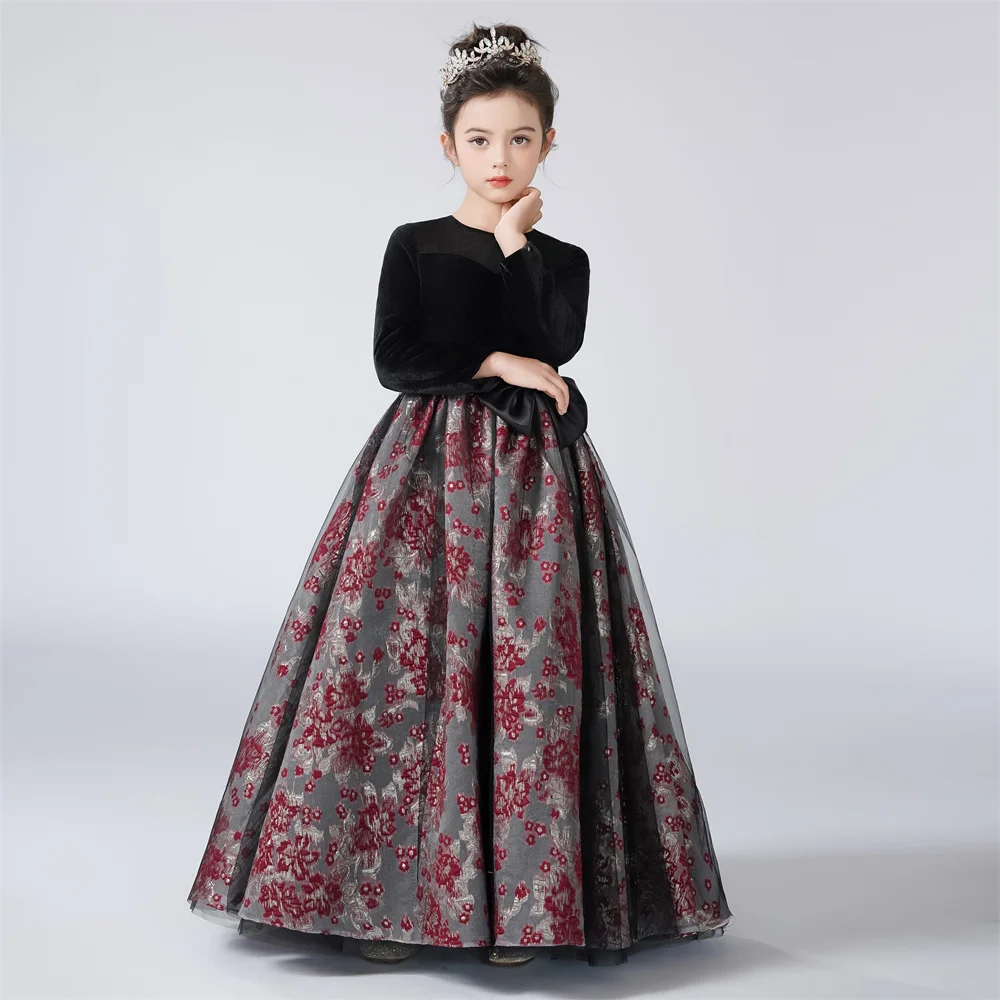 

Dideyttawl Flower Girls Dress For Party Long Sleeves Formal Pageant Gown Vintage Velvet Long Sleeve O-Neck Junior Bridesmaid