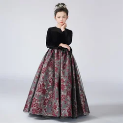 Dideyttawl Flower Girls Dress For Party Long Sleeves Formal Pageant Gown Vintage Velvet Long Sleeve O-Neck Junior Bridesmaid