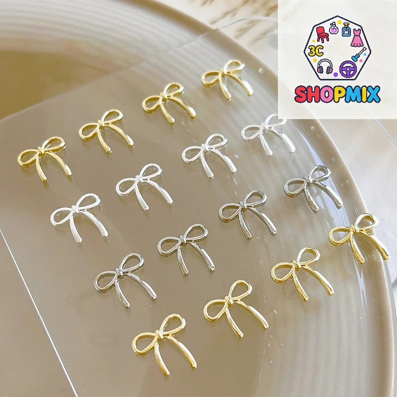 10 個の弓デコネイルアートチャーム 3D シルバー/ゴールドちょう結びリボンネイルデコレーションパーツ DIY 高級マニキュアアクセサリー