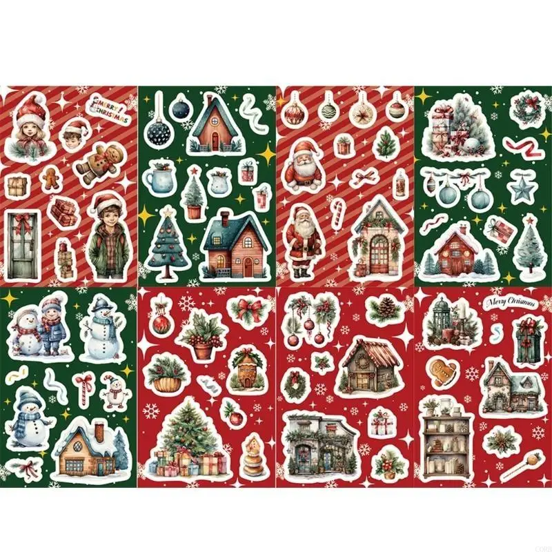CORB Stylish 8pcs Christmas Stickers Set with Santa and Snowman Designs for Scrapbooking Journals and Holiday Decoration
