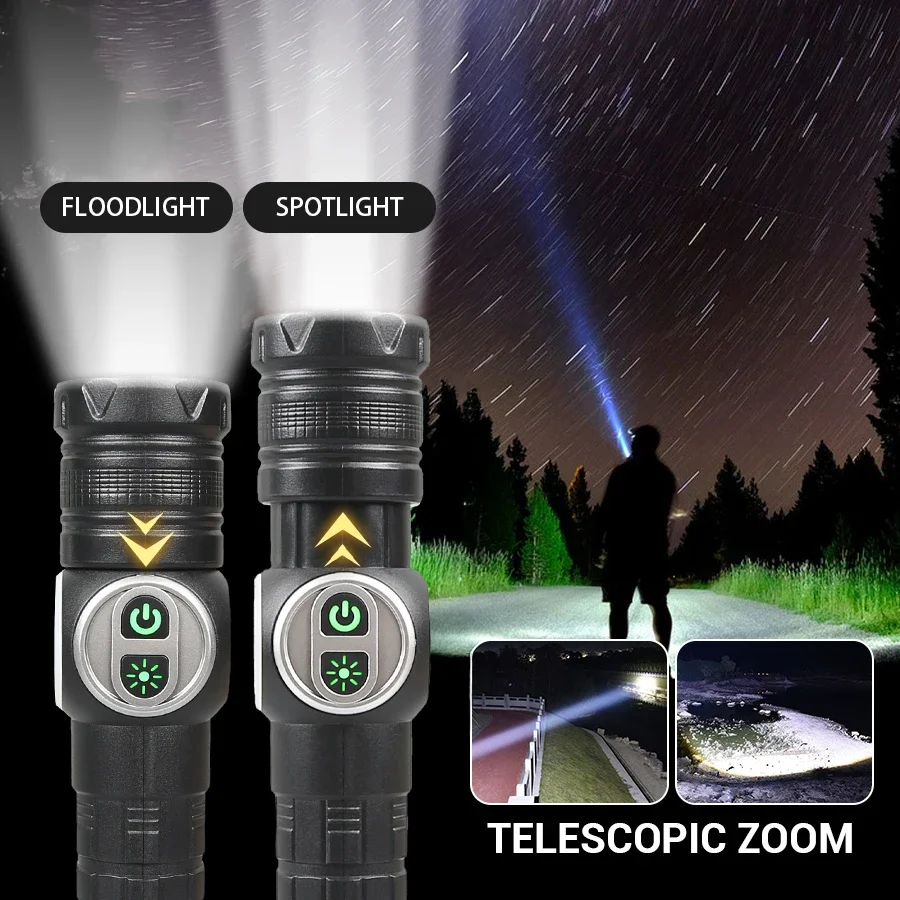 High Strong Power LED ไฟฉายยุทธวิธีสปอตไลท์ฉุกเฉิน Telescopic Zoom แบตเตอรี่ในตัว USB ชาร์จ Camping ไฟฉาย