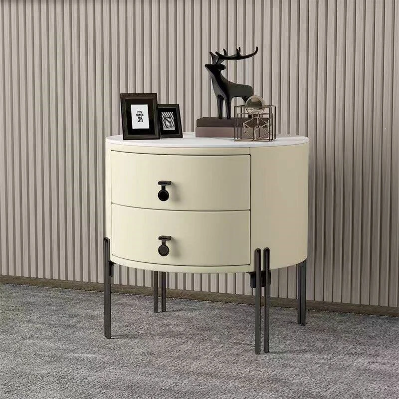 Light luxury round rock slab bedside table Simple modern bedroom leather bedside table