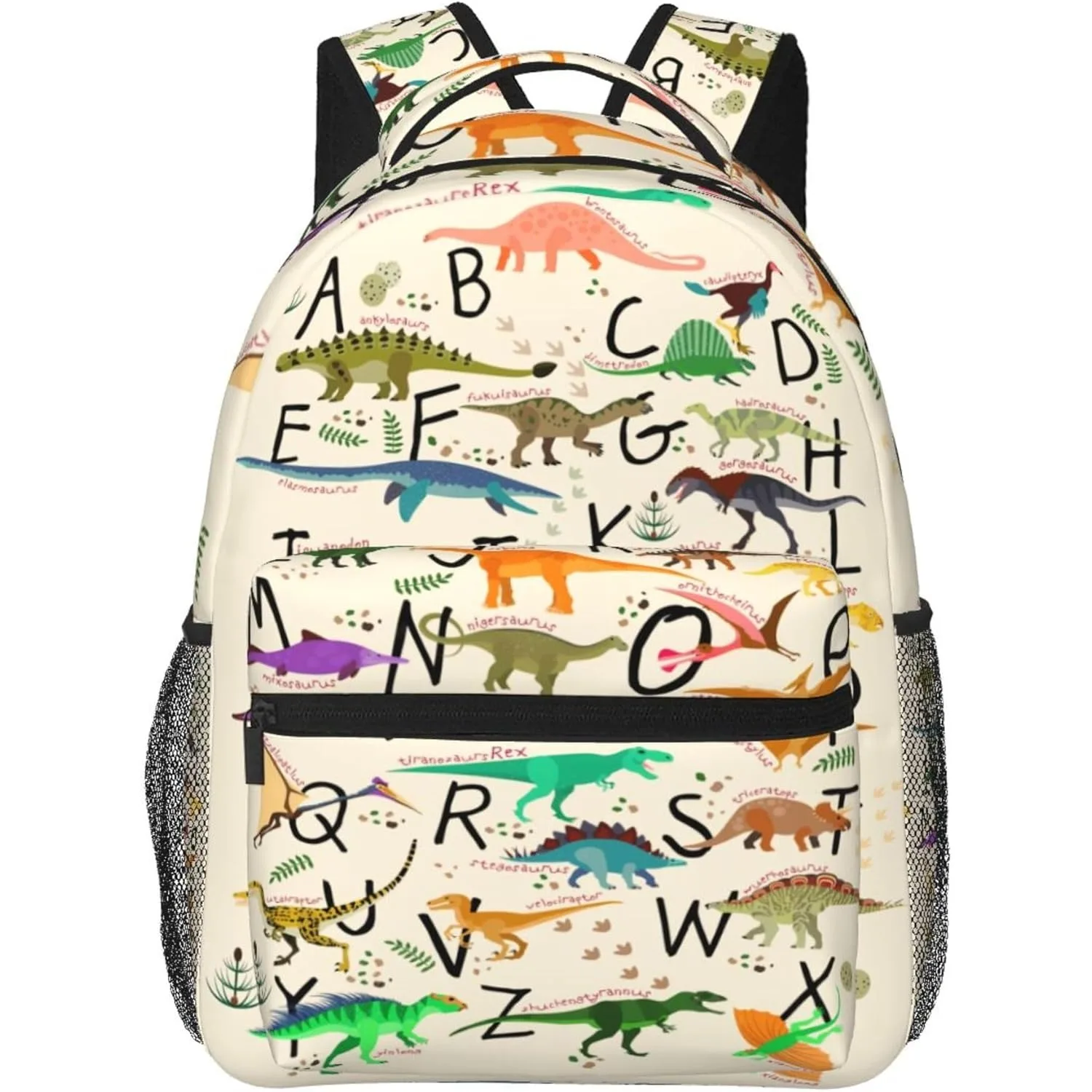 Alphabet Dinosaur School Backpack for Boys Girls Kids Strap Adjustable 16 Inch Travel Casual Daypack Lightweight Schoolbag