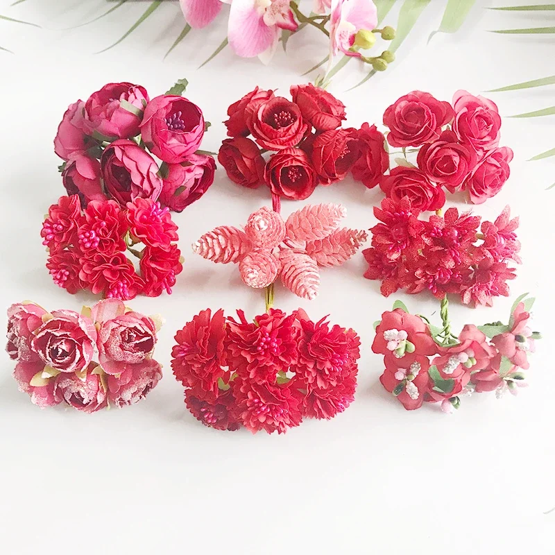 6/10/12/20/24/200pcs Mixed Red Flower Cherry Stamen Berries Bundle DIY Christmas Wedding Cake Gift Box Wreaths Decor