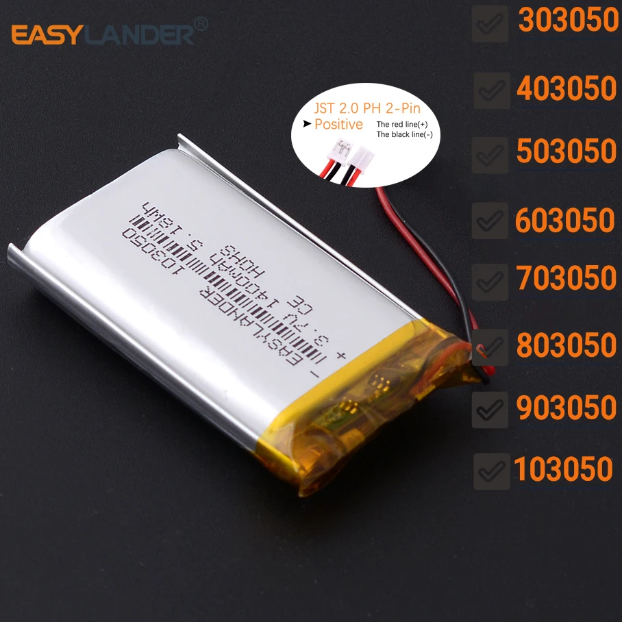 JST2.0 2P 3.7V 503050 800mAh 303050 403050 603050 703050 803050 903050 103050  Rechargeable Lithium Li-ion Polymer Battery