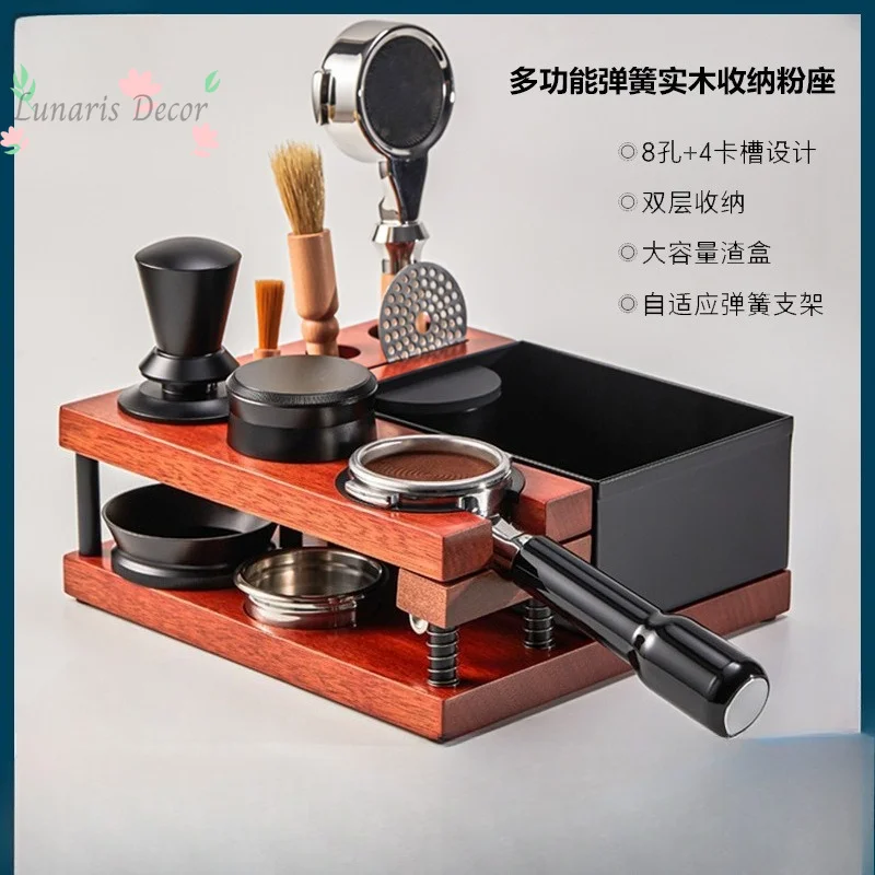 Coffee press holder, solid wood spring self-adjusting filling presser holder, coffee machine handle storage bracket,
