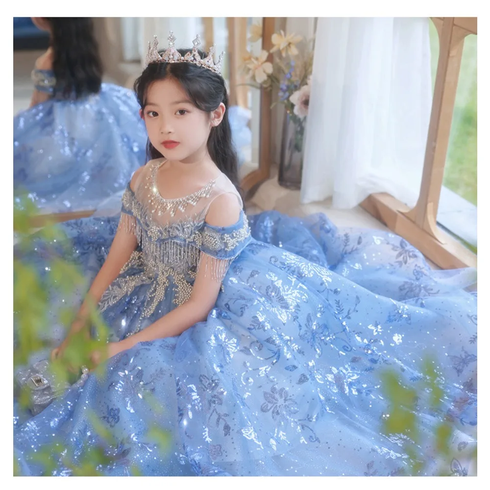 Children\'s Dress Princess Dress Fluffy Gauze Flower Girl Heavy Industry Trailing Catwalk Small Host Piano Performance