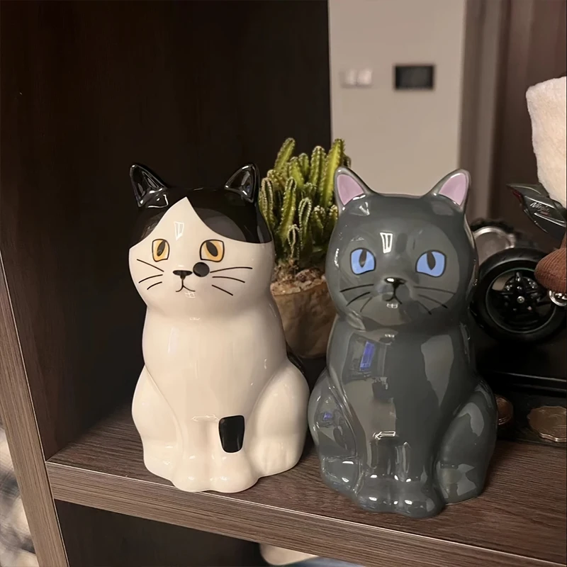 Hand-Painted Ceramic Cat Vase Home Office Decor Cat Pottery
