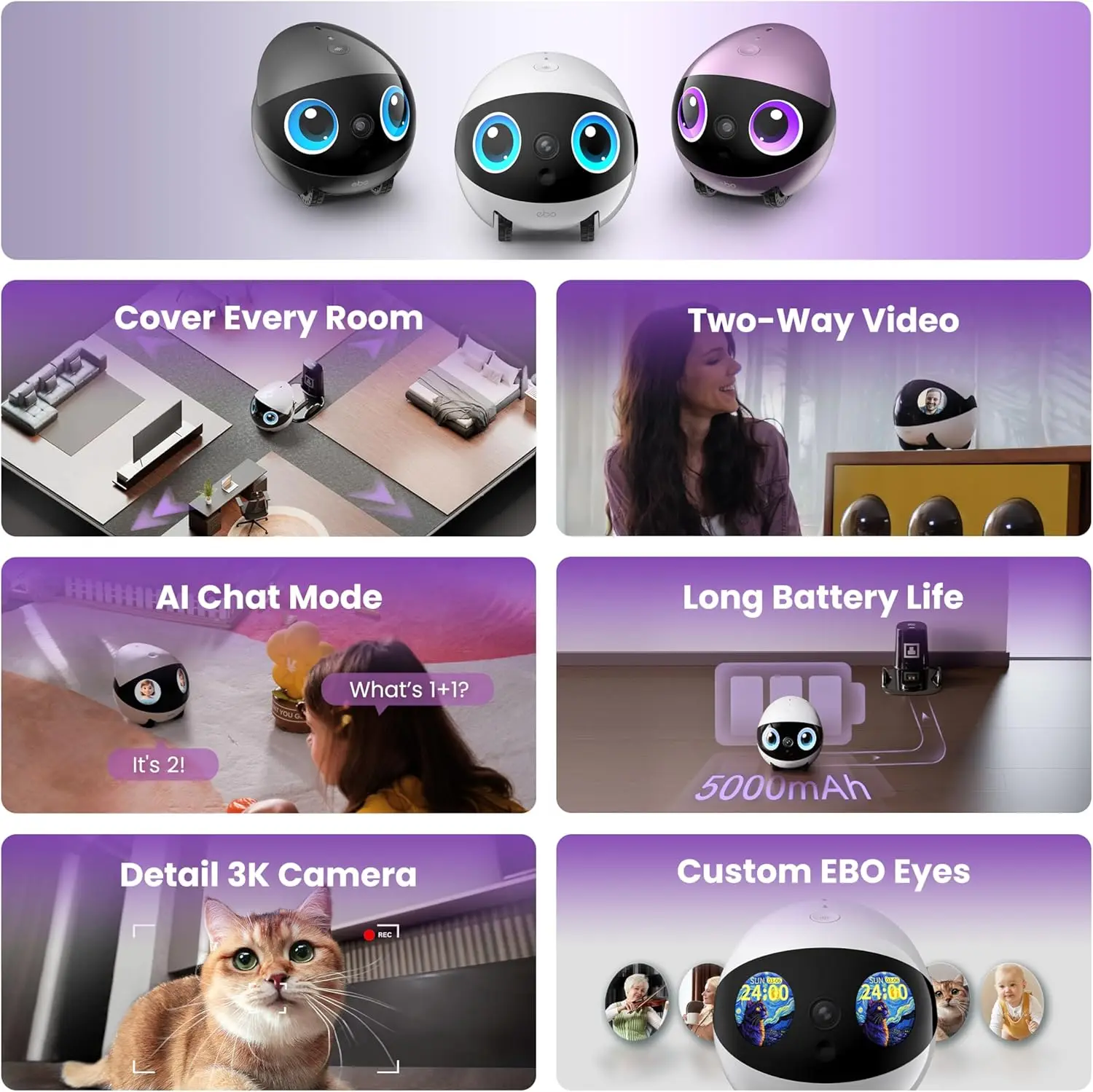 Enabot EBO Air 2 Plus 3K Family Companion AI Robot Bidirectional Video Automatic Charging Customized Facial Image Night Vision