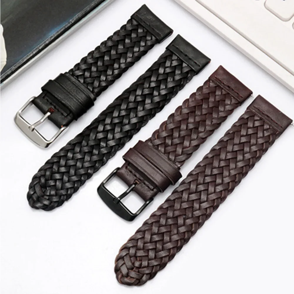 20mm 22mm 24mm Genuine Leather Strap Universal Quick Release Braided Cowhide Watch Band Accessories for Seiko Omega Citizen