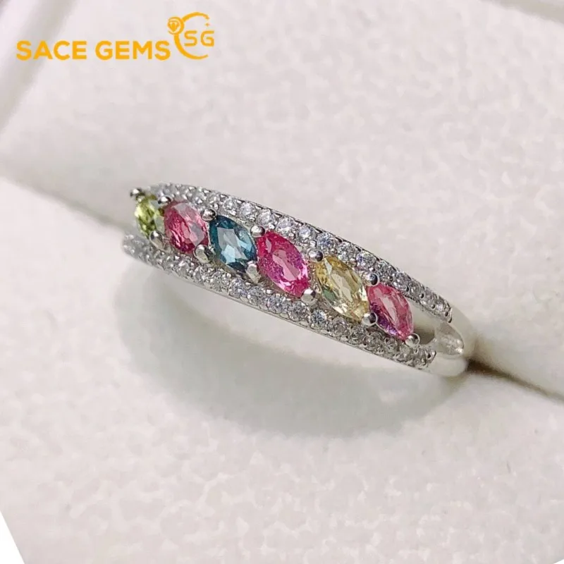 

SACEGEMS Fashion 925Sterling Silver 2*4mm Natual Tourmaline Luxury Rings for Women Created Wedding Engagement Party Fine Jewelry