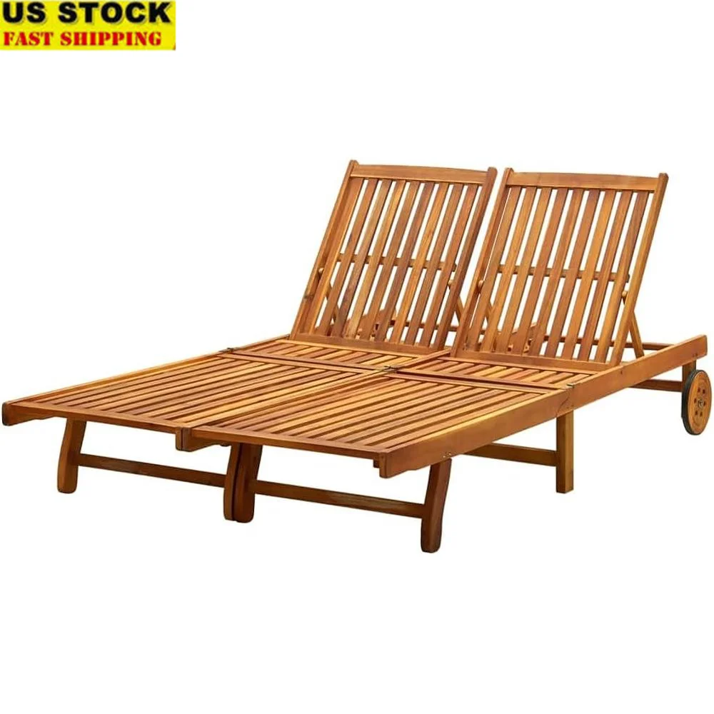 Ayarlanabilir 2 Kişilik Şezlong Masif Akasya Ahşap Açık Şezlong Tekerlekli Kolay Hareketlilik Bahçe Havuzbaşı Gevşeme