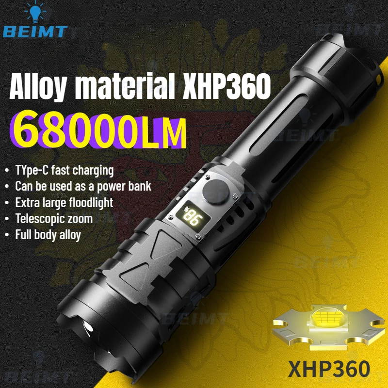 XHP360 68000LM Ultra Powerful LED LCD ﻿Spotlight 8000MAH Long Range Flashlight Zoom Camping Emergency 26650*2  FLSTAR FIRE