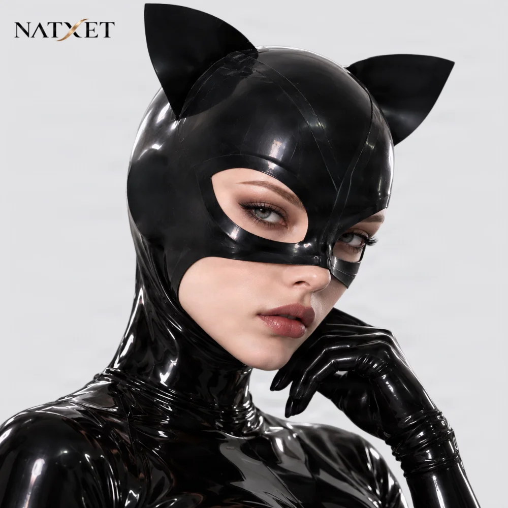 NATXET Handmade Natural Latex Cat Ear Hood Black Rubber Mask Back Zipper Custom Made for Men Women