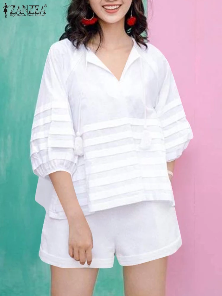 ZANZEA-Conjunto de Blusa de manga acampanada para mujer, chándal de trabajo de 2 piezas, traje corto informal, conjuntos a juego para vacaciones, verano 3/4