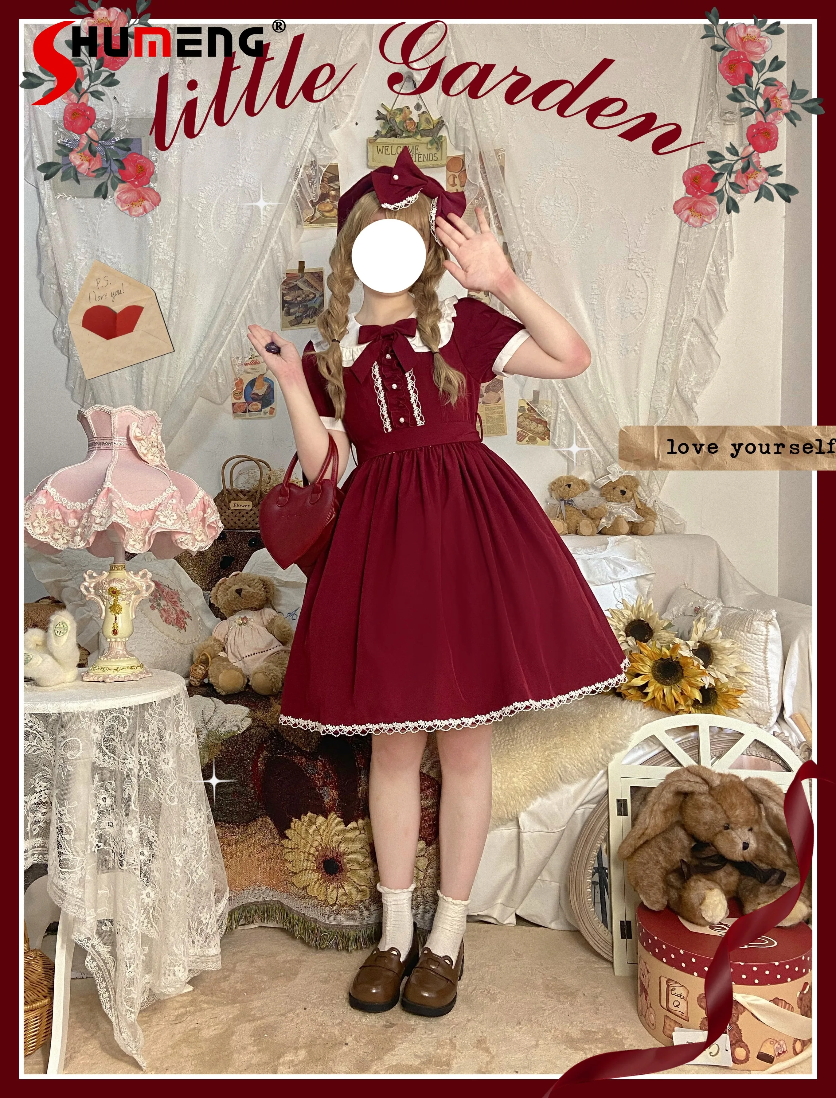 

Japanese Classical Elegant Lolita OP Dress Short Sleeve Doll Collar Bow High Waist A-line Cute Solid Color Vintage Dress Women