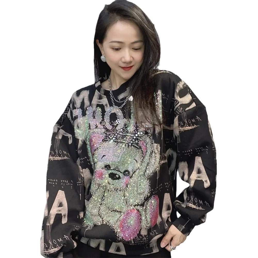 Cute Bear Hot Drilling Loose O-neck Pullover Top 2024 New Autumn Winter Tie-dye Women Sweatshirt All-match Long Sleeve Hoodies