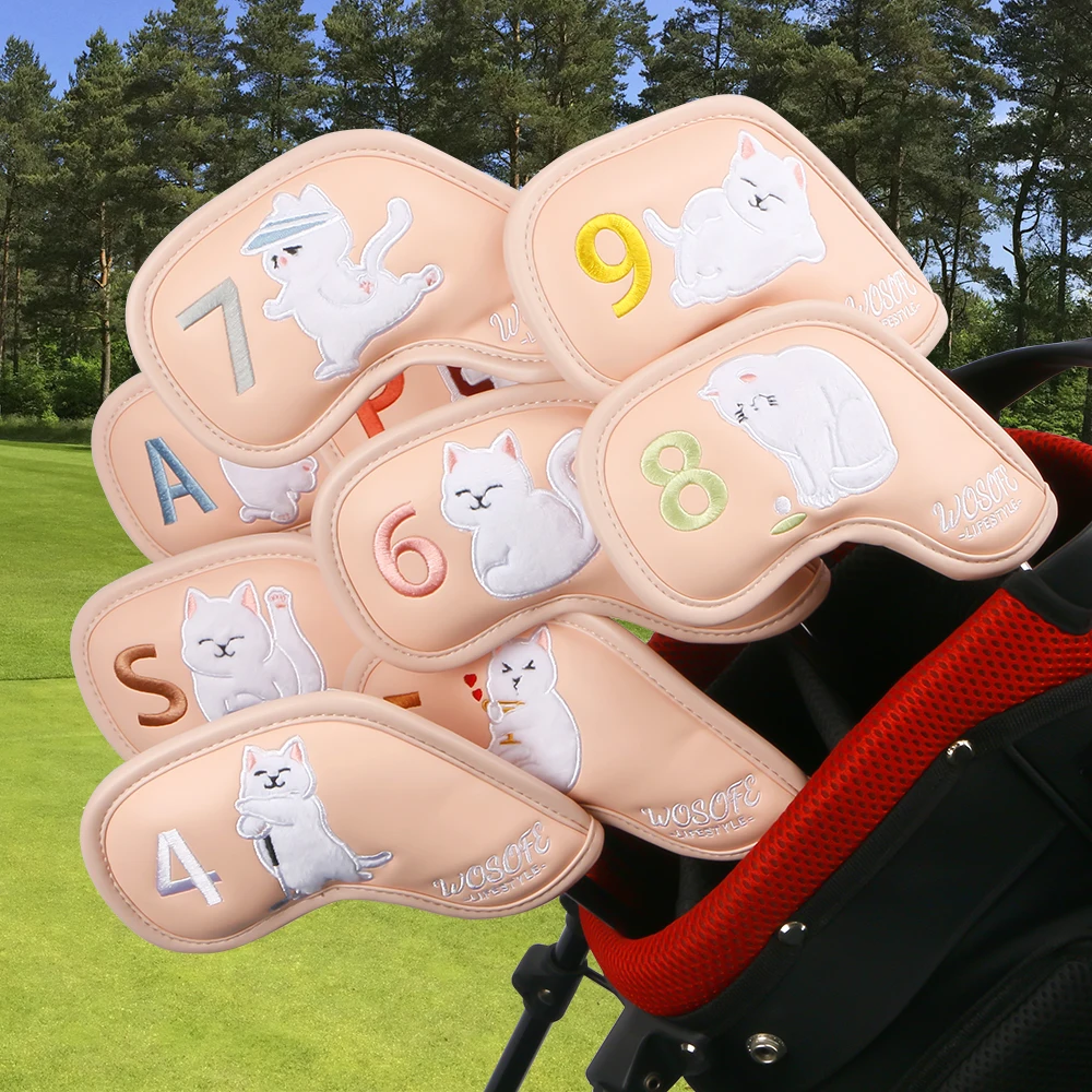 9pcs Cute Plush Cat Shape Golf Iron Head Cover,PU Waterproof Wear Resistant,Protecting The Club Head From Scratch