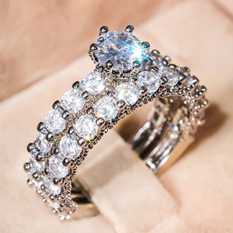 Huitan Luxury 2Pc/Set Rings for Women Trendy Brilliant Delicate Finger Accessories Aesthetic Attractive Chic Wedding Jewelry Set
