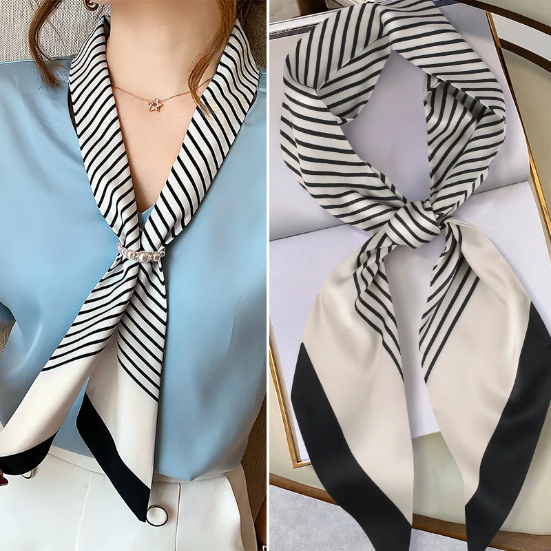 Fashion Blue Print Silk Scarf Women Soft Satin Horse Hairband Bevel Neckerchief Office Hijab Headband Foulard Bag Ribbons Gift