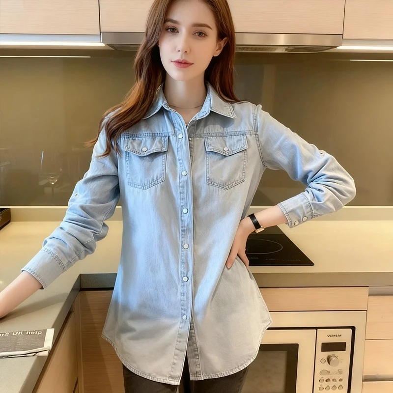 

Spring/Autumn Fashion Long Sleeved Thin Denim Shirt Casual Patchwork Buttons Shirts with Pockets Korean Style Women's Tops