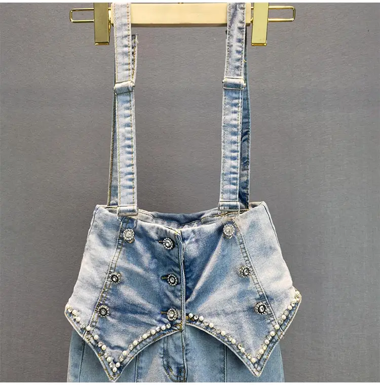 Denim Jumpsuit Women Beading Flared Pants Lapel Button High Waist Slim Casual Fashion Romper Streetwear Jean Trousers