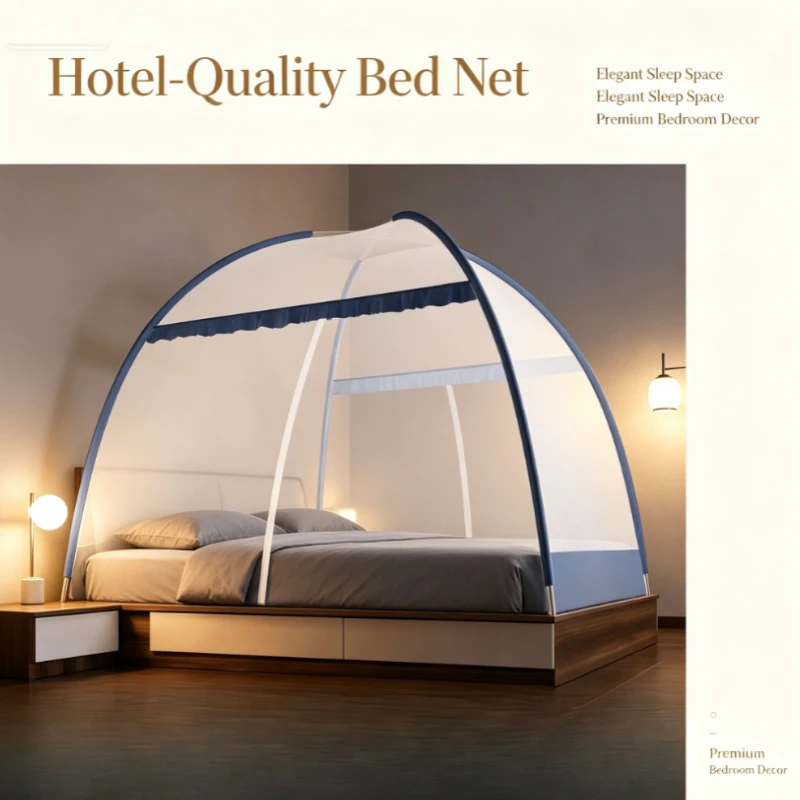 Pop-Up Mongolian Yurt Mosquito Net, No-Install Foldable Bed Canopy Anti-Fall Protection with Full Bottom Cover