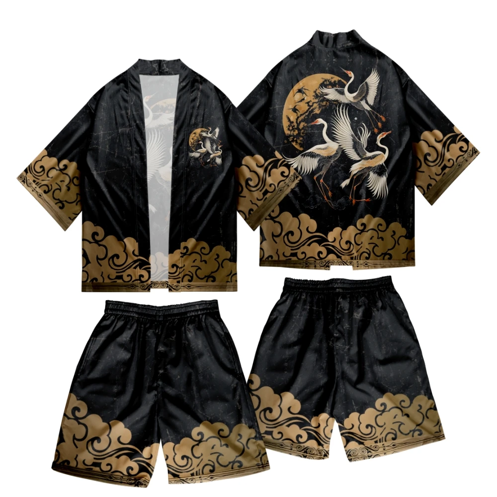 

Japanese Crane Print Kimono Shorts Streetwear Cardigan Beach Yukata Men Women Cosplay Haori Harajuku Tops Asian Clothing