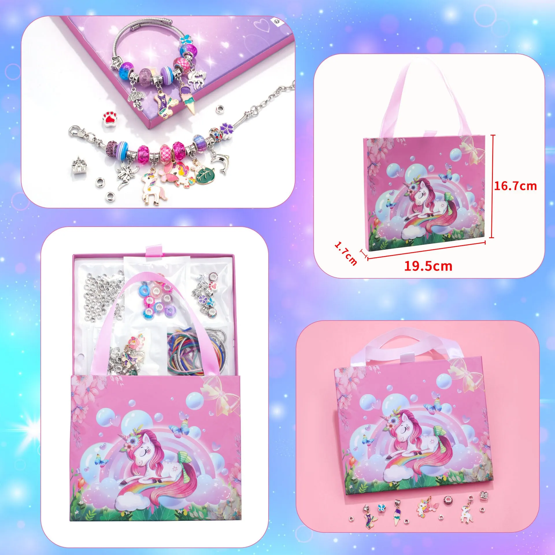 DIY Children\'s Bracelet Pink Unicorn Flat Box Set Handmade DIY Beaded Pendant Bracelet Necklace with Exquisite Gift Box