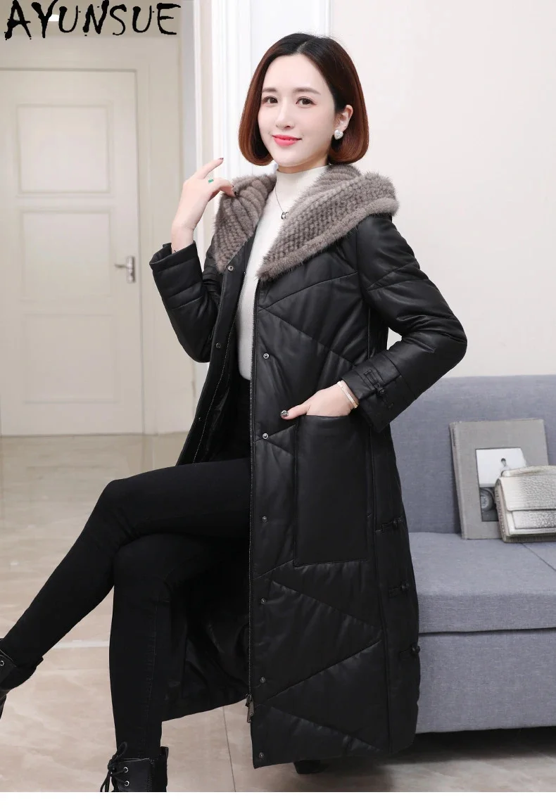 Genuine AYUNSUE Sheepskin Leather Down Jacket Women Clothes White Duck Coat Hooded Mink Fur Collar Winter Long Warm Parkas