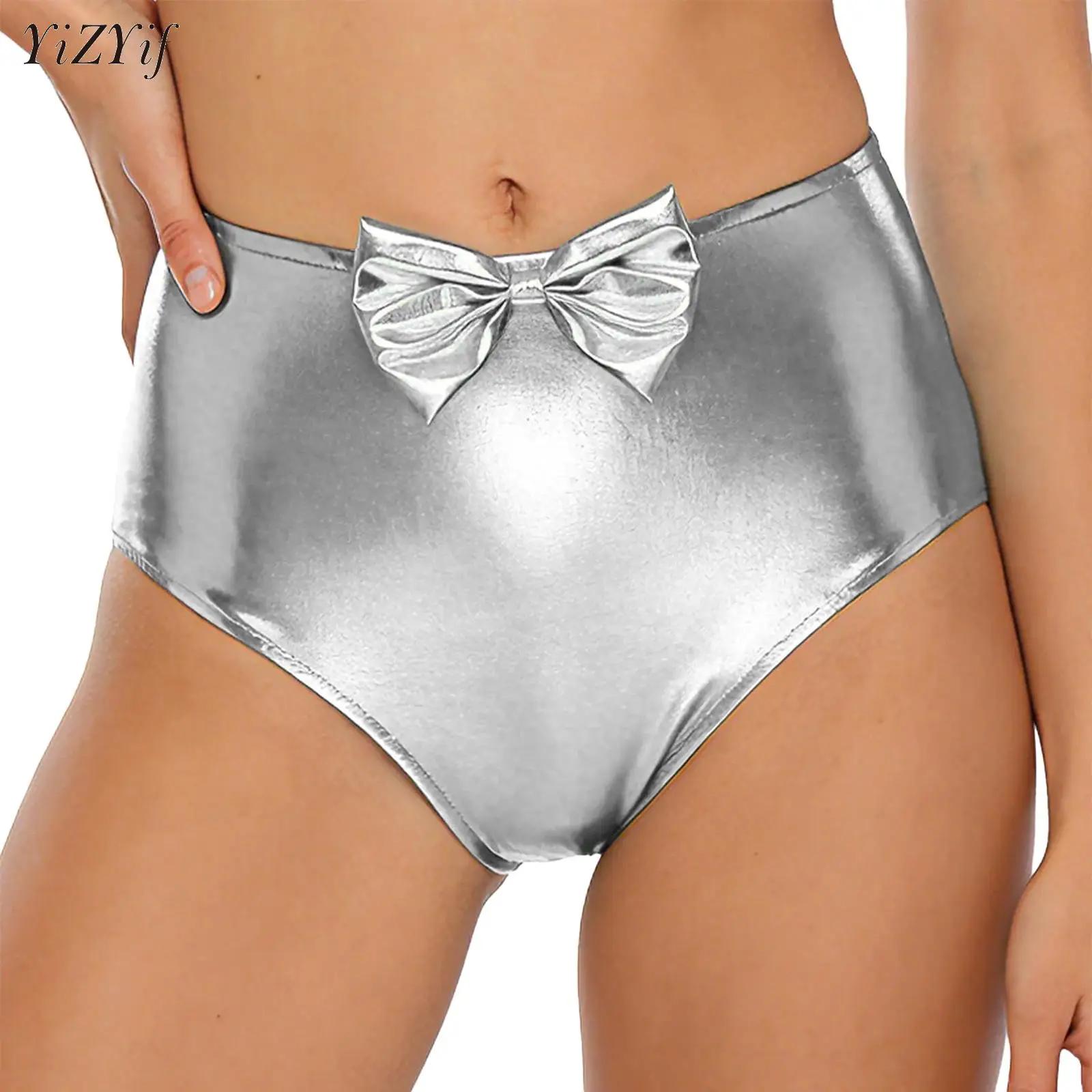 

New Iridescent Metallic Short Pants Front Cute Bow Ruched Sexy Silky Solid Bikini High Waist Tights Underpants High Fork Briefs