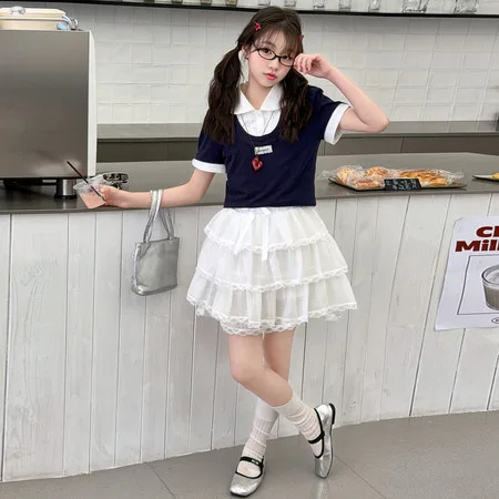cute doll collar base shirt, lace and lace cake skirt for girls aged 4-14 during summer vacation2 pcs sets